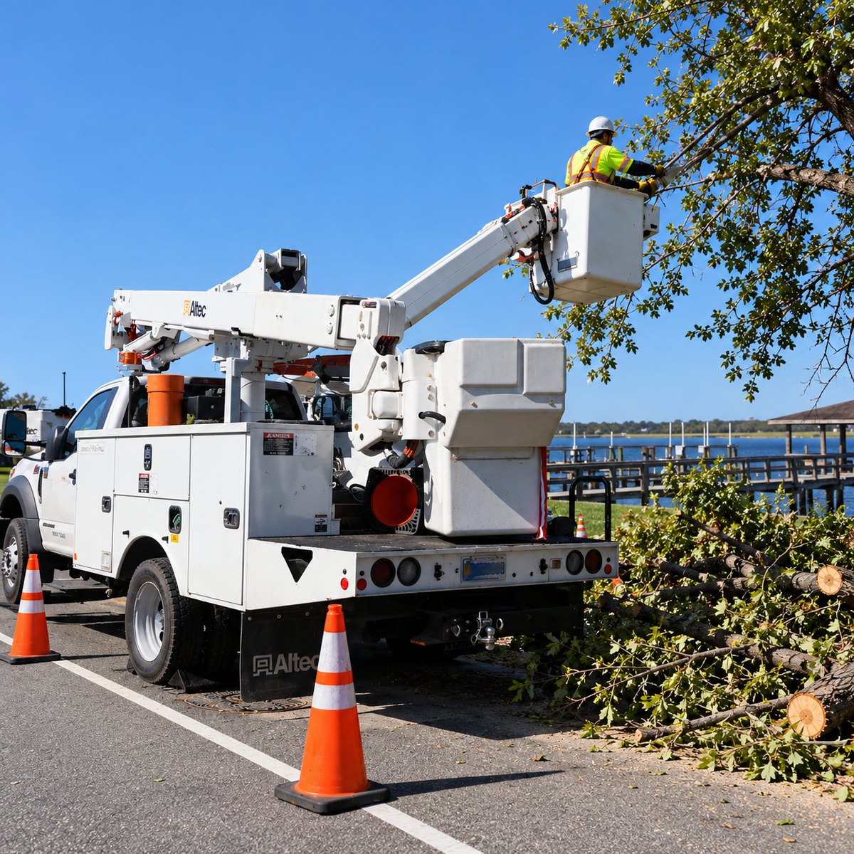 Worker in a hard hat and high-visibility vest trimming tree branches from an aerial bucket truck beside a waterfront