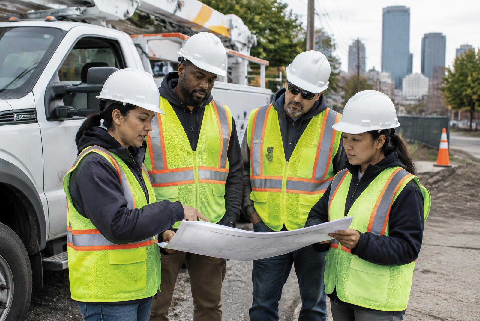 Utility crew in hard hats reviewing plans beside a work truck