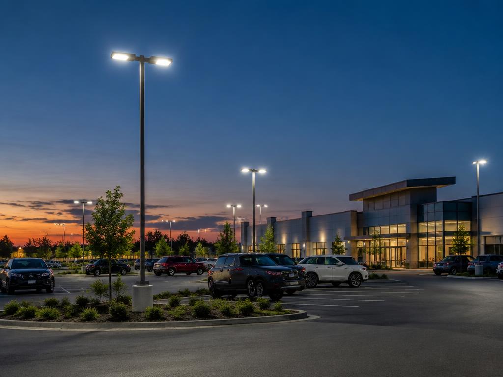 Commercial parking lot lit by tall LED poles at twilight