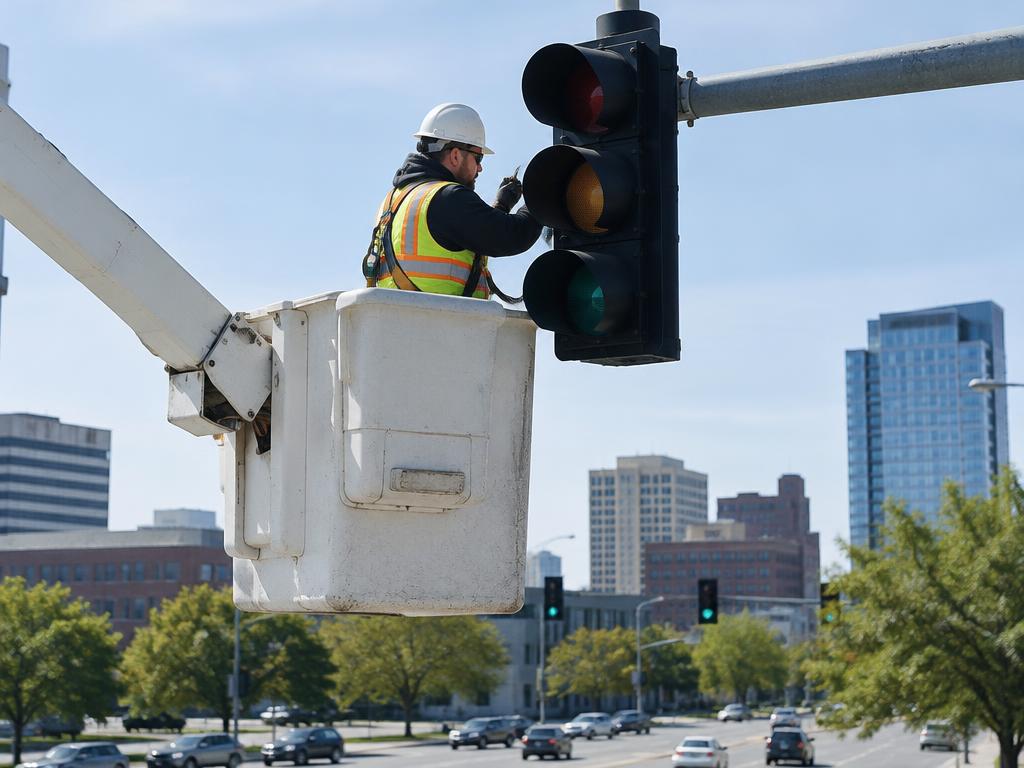 Technician in a bucket servicing a traffic signal