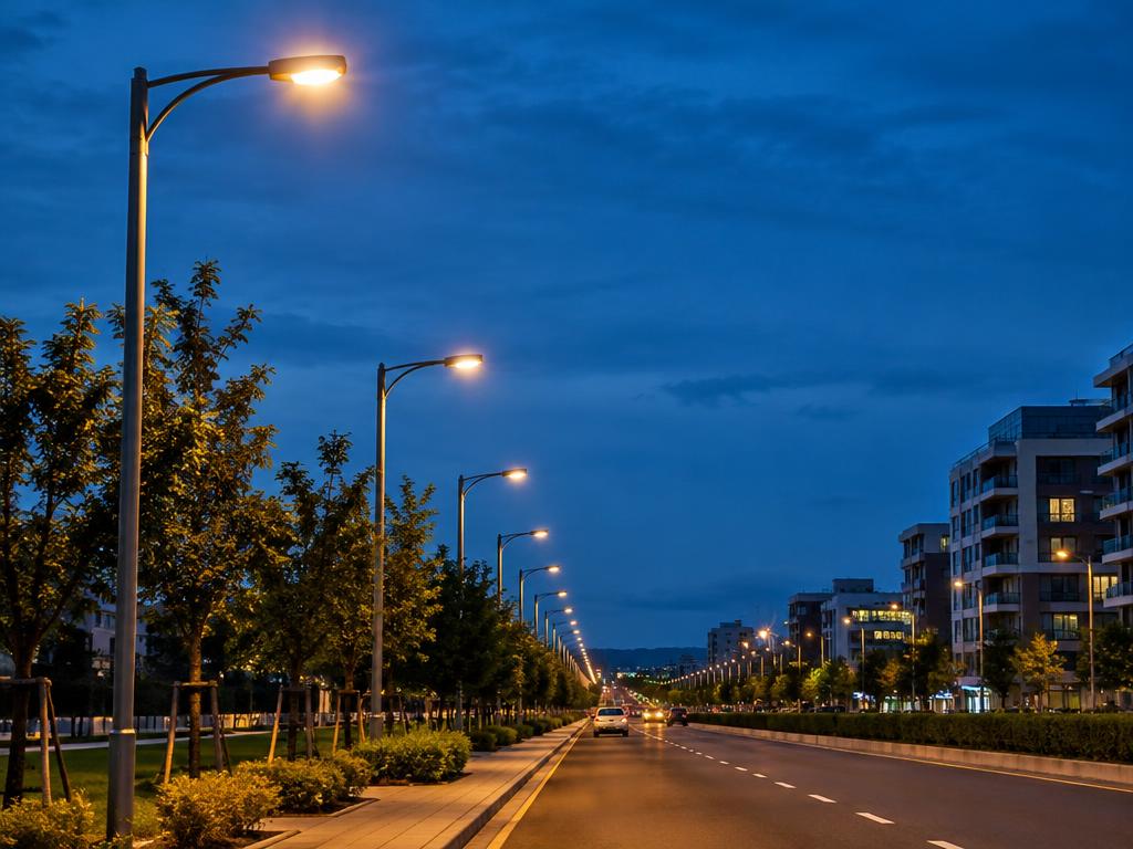 Row of LED street lights along a boulevard at dusk