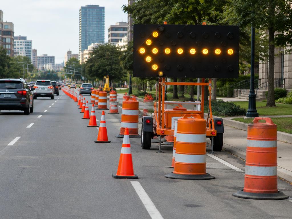 Work zone with cones, barrels and an arrow board